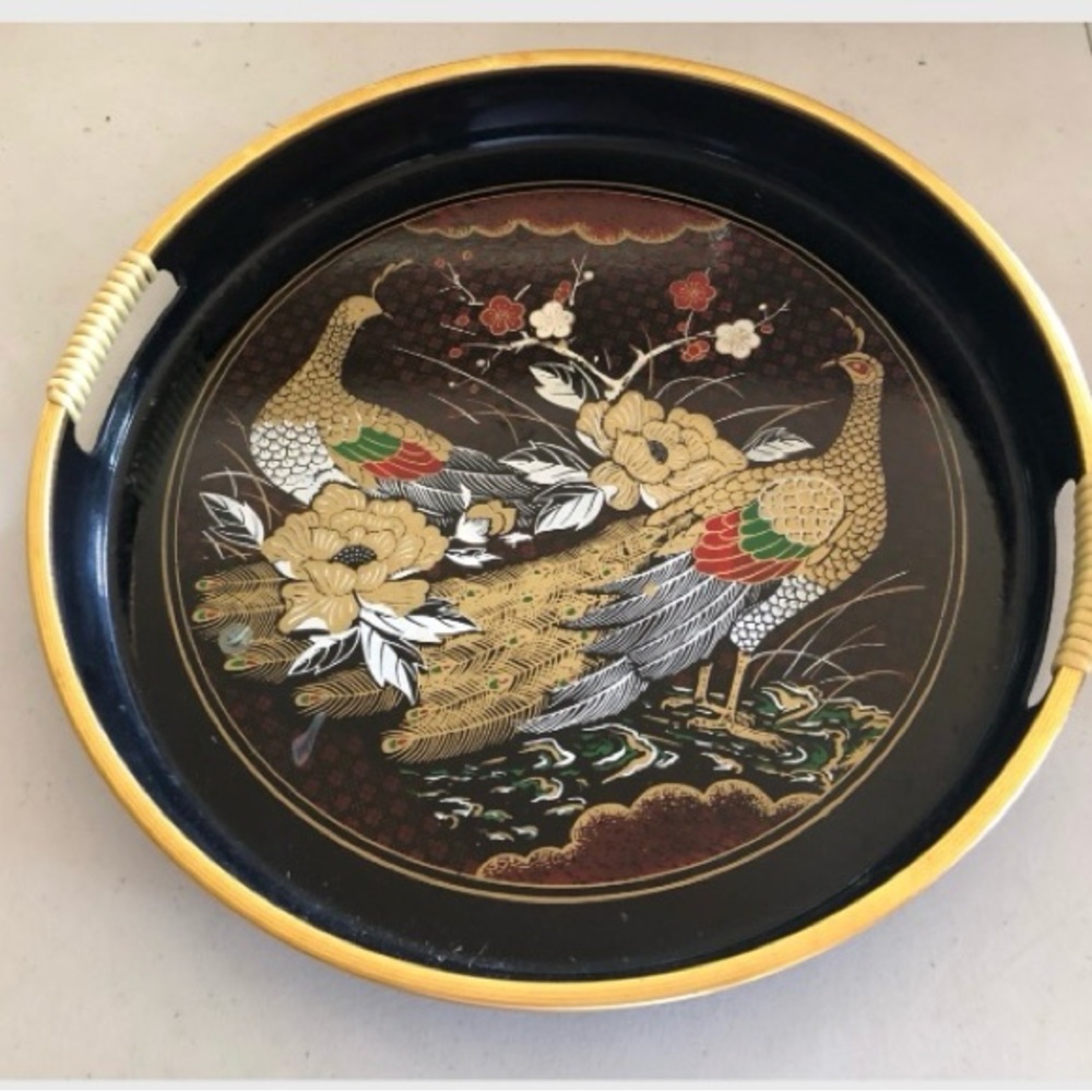 Japanese Round Peacocks Platter Lacquerware Vintage